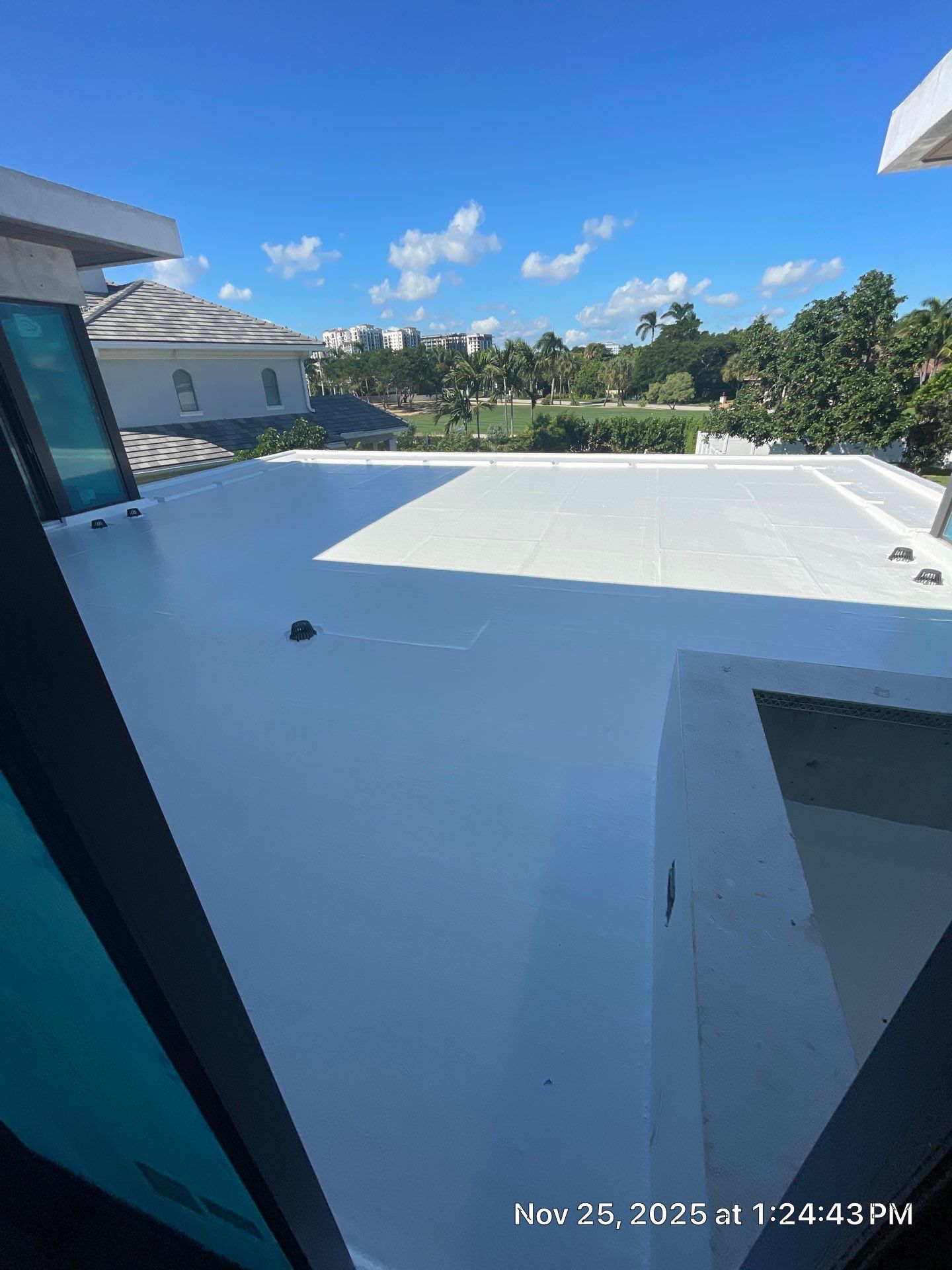 White coated flat roof with new waterproof membrane, palm trees and buildings visible beyond